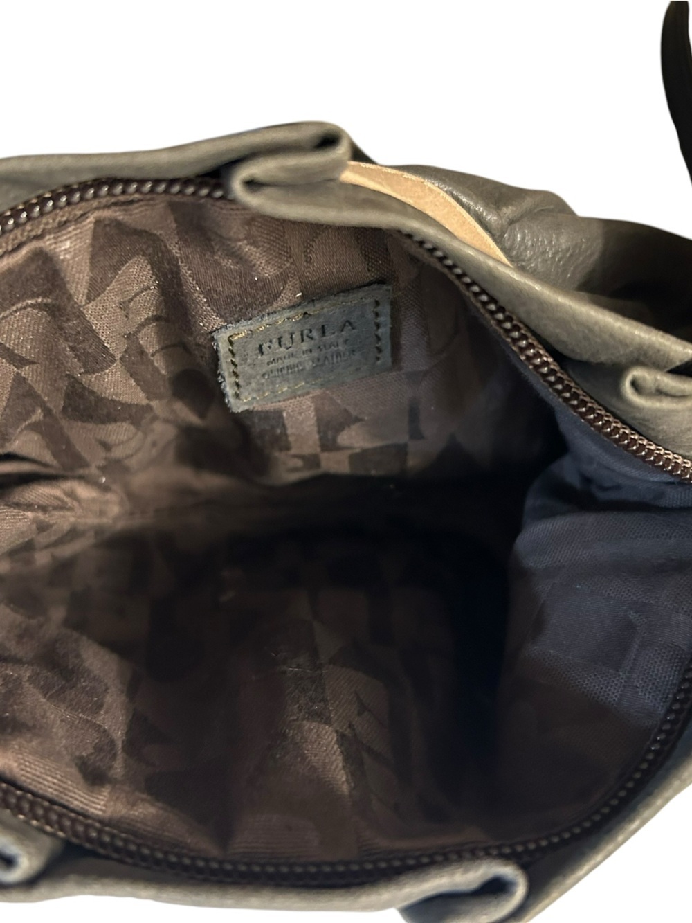 Vintage FURLA Gathered Leather Clutch Wristlet Bag Charcoal Grey & Tan Accent - Picture 3 of 6